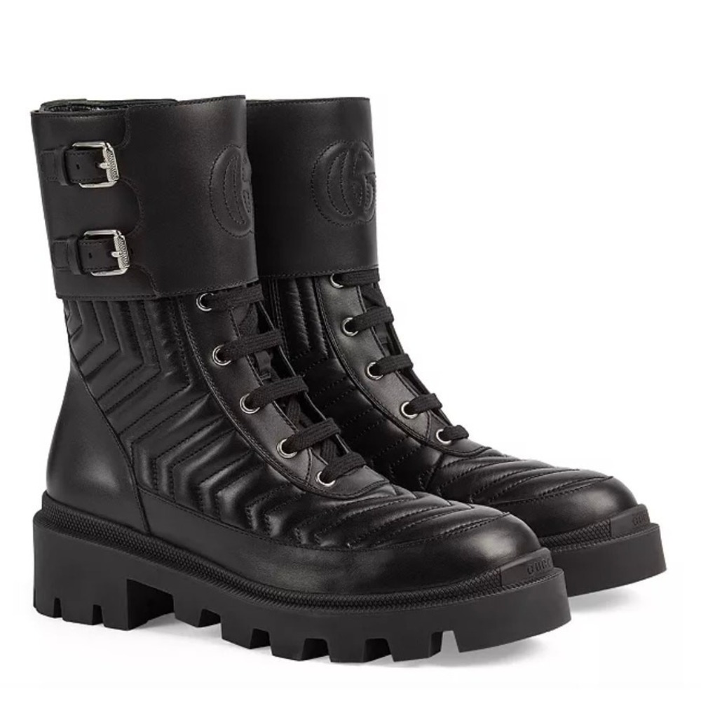 Gucci Frances Quilted Leather Combat Boots in Black Size 37.5 - Picture 3 of 16